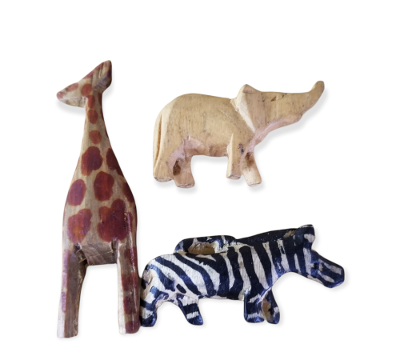 Set Of 3 Miniature Wooden Zebra Elephant and Giraffe.