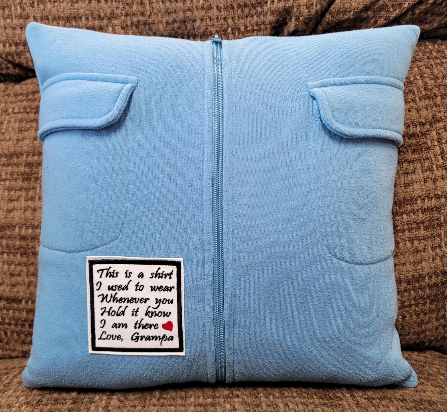 Memory pillow made from Loved Ones Shirts.