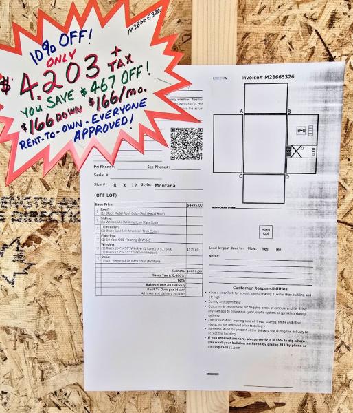 🔥10% OFF - SAVE $467 - 8x12 MONTANA  $4,203 - $166 DOWN & $166/MO - NO CREDIT CHECK - FREE DELIVERY & BLOCKS (50 miles)