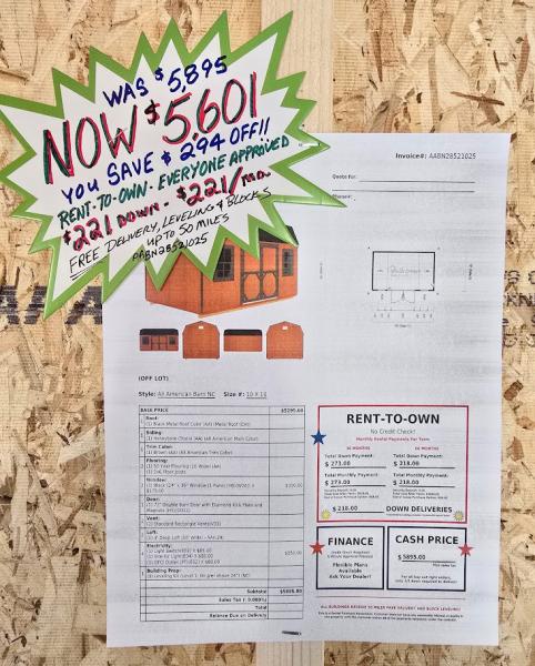 SAVE $294 OFF! - 10x16 LOFTED BARN W/ELECTRICAL - $5,601 OR $221 DOWN & $221/MO -NO CREDIT CHECK - FREE DELIVERY & BLOCKS (50 miles)