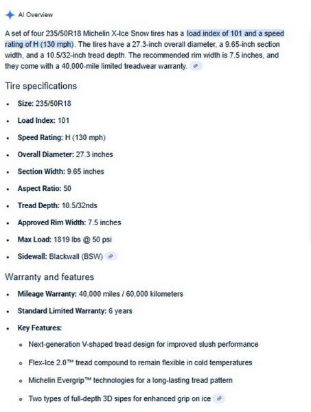 235/50R18 Michelin X-Ice Tires Set of 4