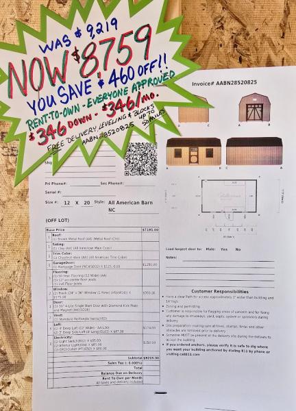 12X20 W/RAMPAGE DOOR, ELECTRICAL PKG, 2FT SIDE LOFTS  - SAVE $460 - $346 DOWN & $346/Mo OR $8,759 - NO CREDIT CHECK - FREE DELIVERY & BLOCKS (50-MILES)