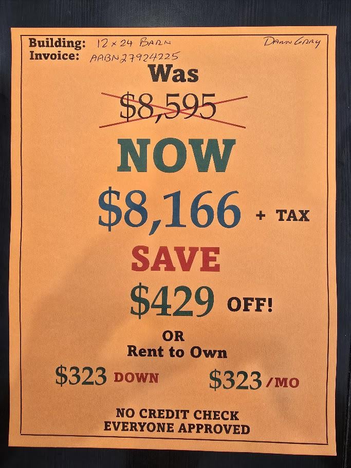 $429 OFF! 12X24 LOFTED BARN - ONLY $8,166 - $323 DOWN & $323/MONTH - NO CREDIT CHECK - EVERYONE APPROVED