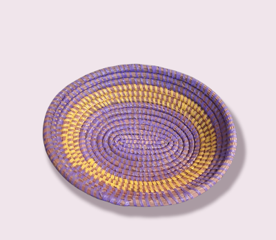 Purple and Yellow Traditional Decorative Storage, Versatile Senegalese Handcrafted Oval Basket.