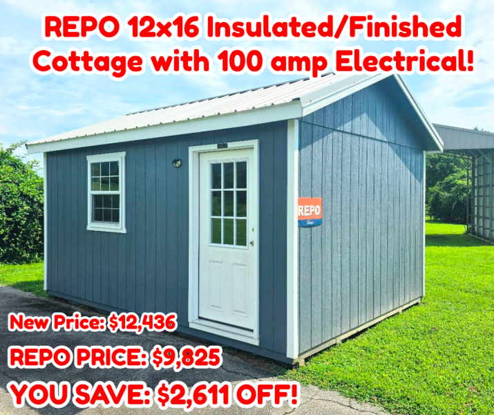 🔥SAVE $2,611 OFF the New Price on this 12x16 REPO Finished. Insulated Cottage with 100 Amp Electrical! ONLY $9,825 or $532 Down & $382/Mo Rent to Own - NO CREDIT CHECK - EVERYONE APPROVED  DELIVERY, SETUP & BLOCK INCLUDED! (up to 50-miles)