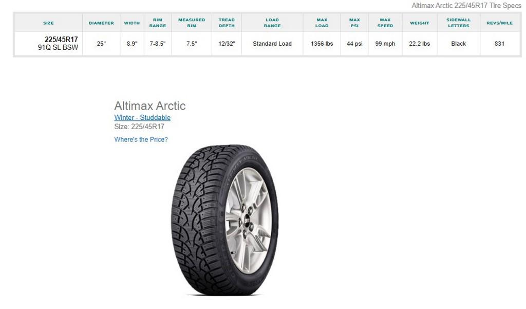 225/45R17 General Altimax Arctic Tires Set of 4 on Volkswagen 5 bolt Rims