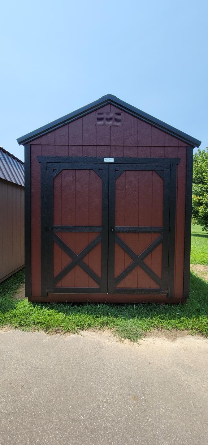 MARION #14602 - 8x16 Red w/Black Trim UTILITY SHED W/TRANSOM WINDOWS AND HIGH WALLS #14602