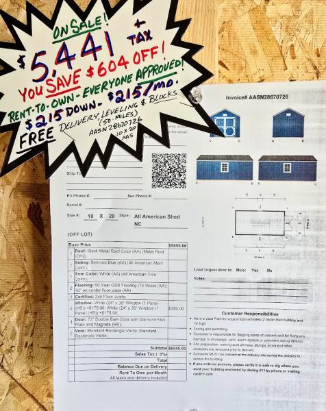 🔥SAVE 10% - $604 OFF 10x20 SHED - $5,441 or $215 DOWN & $215/MO - NO CREDIT CHECK - FREE DELIVERY & BLOCKS (50 mi)les