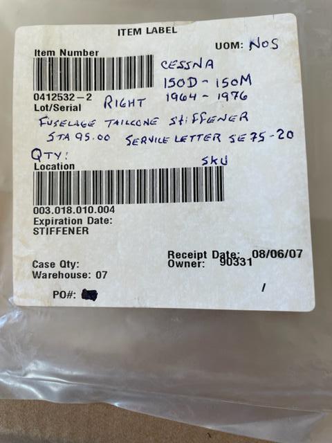 Cessna 150 RIGHT Fuselage Tail Cone Stiffener. Service Letter SE75-20. New Old Stock.