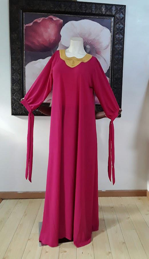 Bohemian Fuchsia and Gold Long Sleeve Party Crepe Fabric Dress.