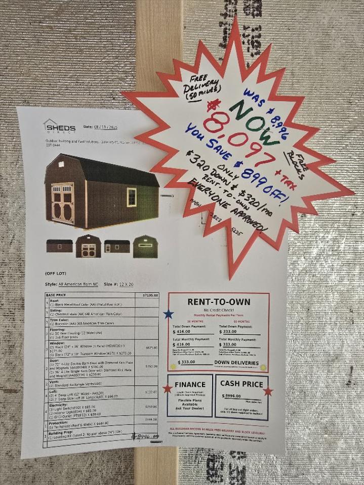 $320 DN - $320/MO - 12x20 LOFTED BARN - ELECT PKG. - ONLY $8,097 - NO CREDIT CHECK - EVERYONE APPROVED- INCLUDES DELIVERY & BLOCKS (up to 50 miles(