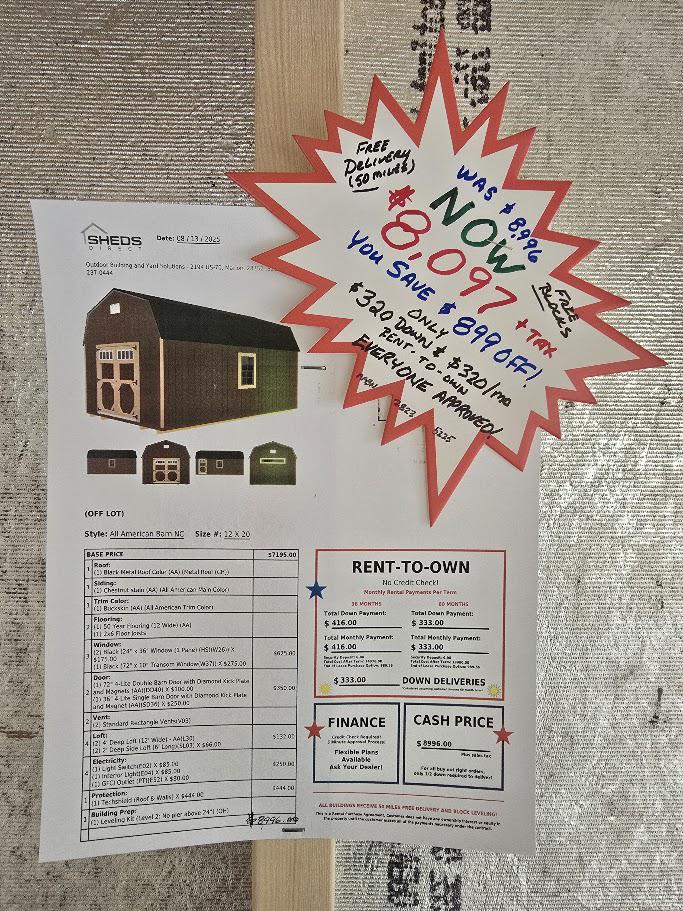 $320 DN - $320/MO - 12x20 LOFTED BARN - ELECT PKG. - ONLY $8,097 - NO CREDIT CHECK - EVERYONE APPROVED- INCLUDES DELIVERY & BLOCKS (up to 50 miles(