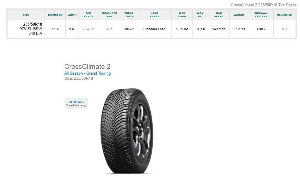 235/50R18 Micheline Crossclimate 2 Tires Set of 4