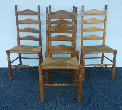 SET OF TALL LADDER BACK RUSH SEAT STAINED CHAIRS