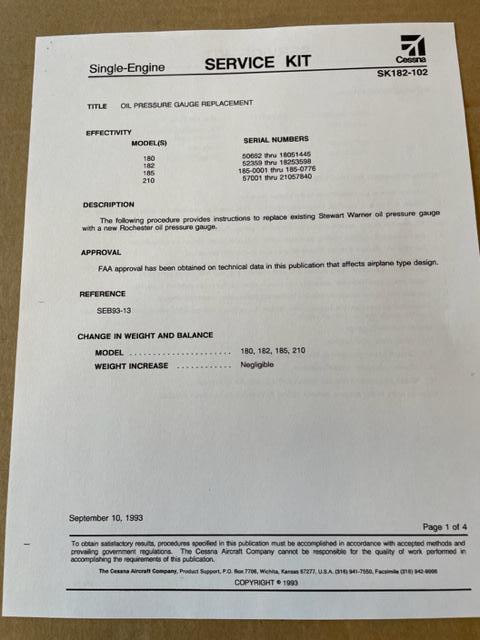 Cessna 180, 182, 185, 210 Rochester Oil Pressure Gauge Replacement. New.