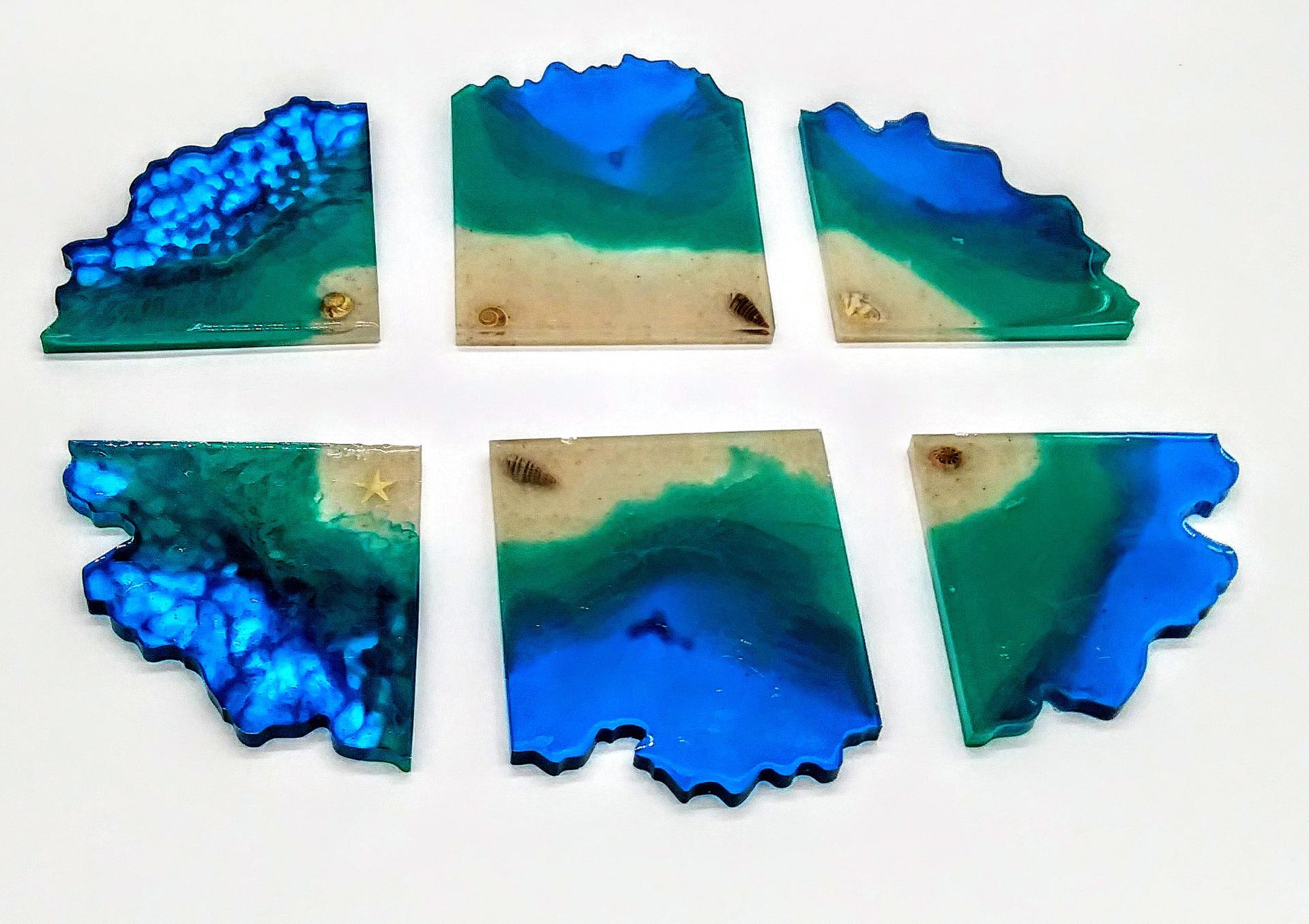 Ocean theme coasters with real shells sand and star fish