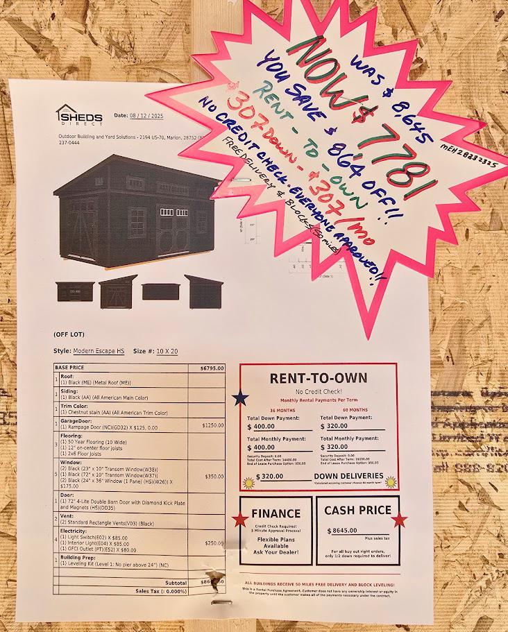 $307 DOWN & $307/MONTH - NO CREDIT CHECK - 10x20 RAMP DOOR BLDG W/ELECT.RICAL - FREE DELIVERY & BLOCKS (50-MILES)