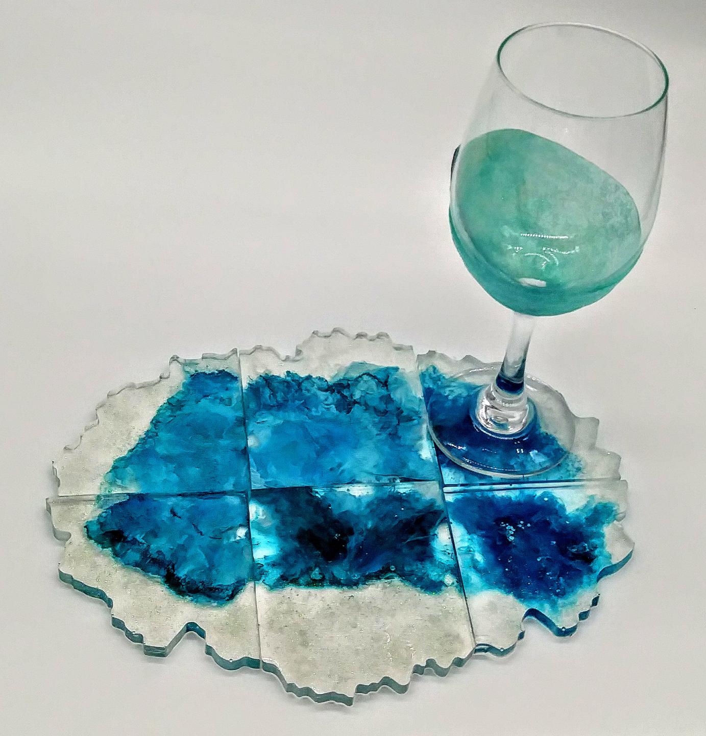 Set of 6 blue and glitter coasters