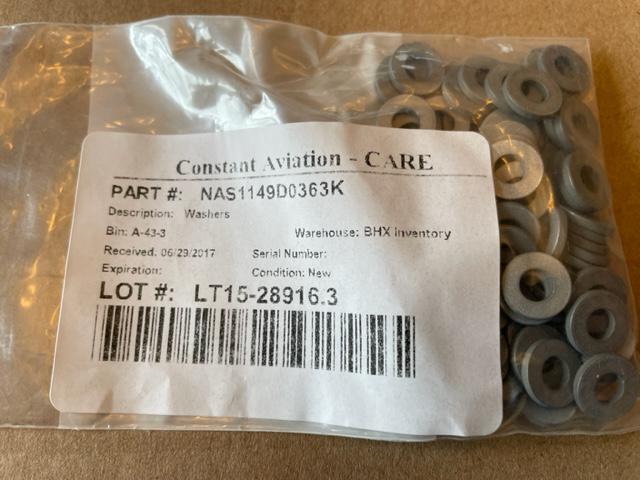 Cessna Citation Aluminum Washers. PN NAS1149D0363K. New.