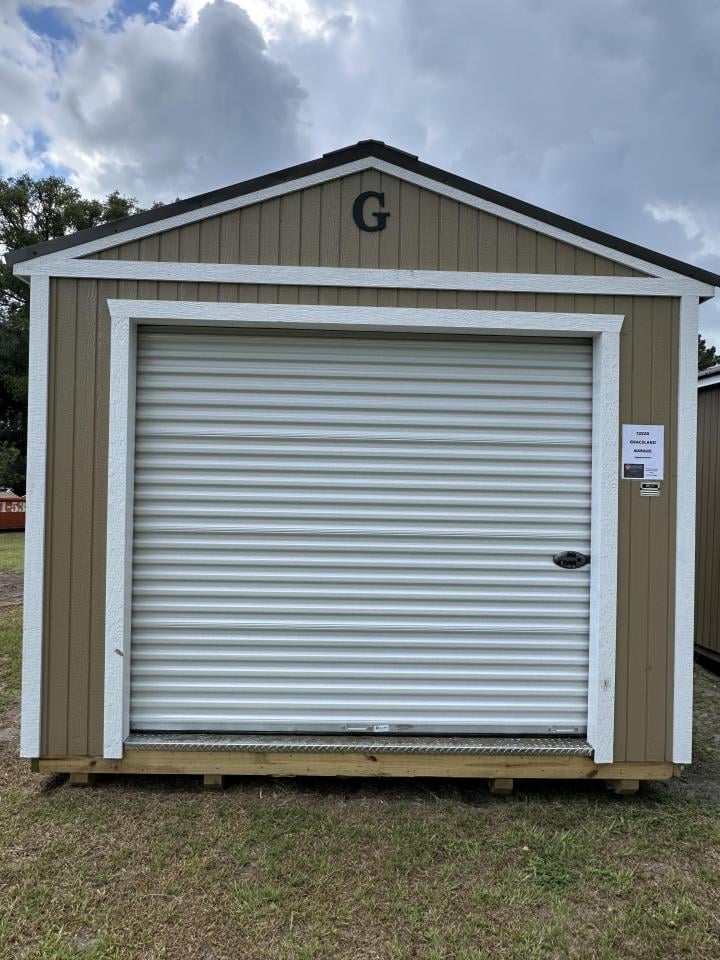 Graceland 12x20 Garage with DuraTemp Siding – Warm Sand, Platinum Metal Roof, Patented Ventilation, Free Delivery