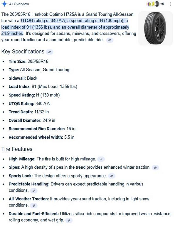 205/55R16 Hankook Optimo H725A Tires Set of 4