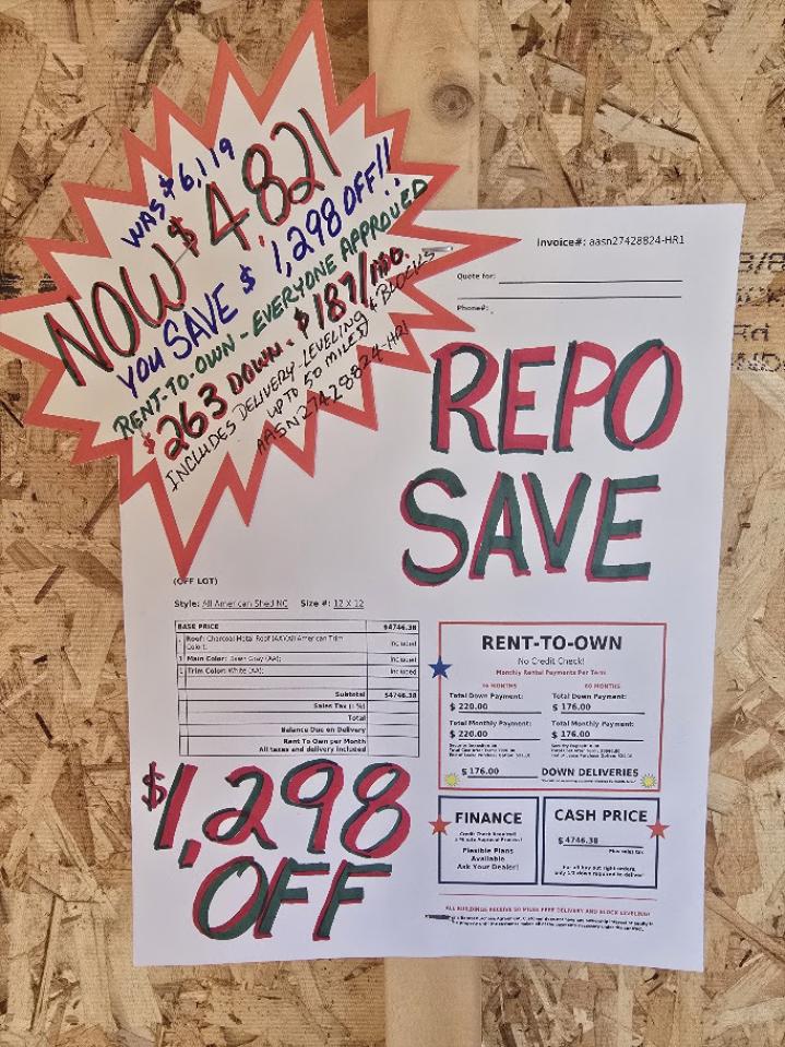 REPO 12X12 w/ELECTRICAL - SAVE $1,298 - $263 DOWN & $187/Mo OR $4,821 - NO CREDIT CHECK RTO - DELIVERY & BLOCKS INCLUDED (50-MILES)