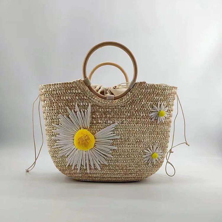 Embroidered Straw Flower Handbag