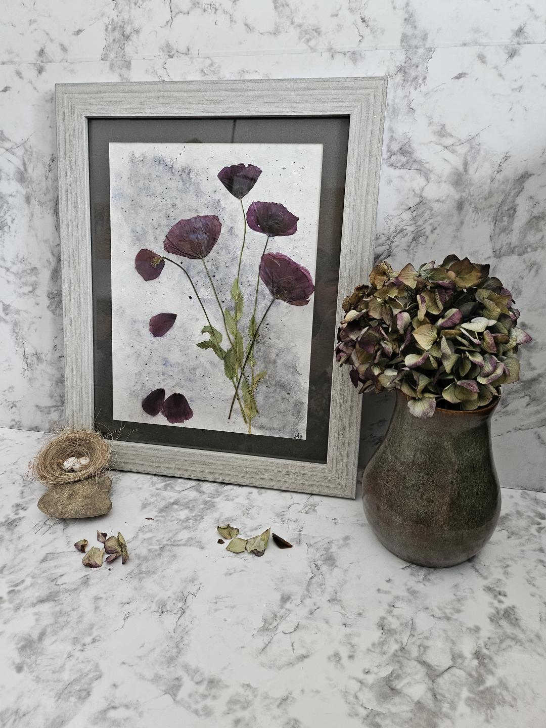 Purple Poppies Watercolor Original Framed 11 x 14