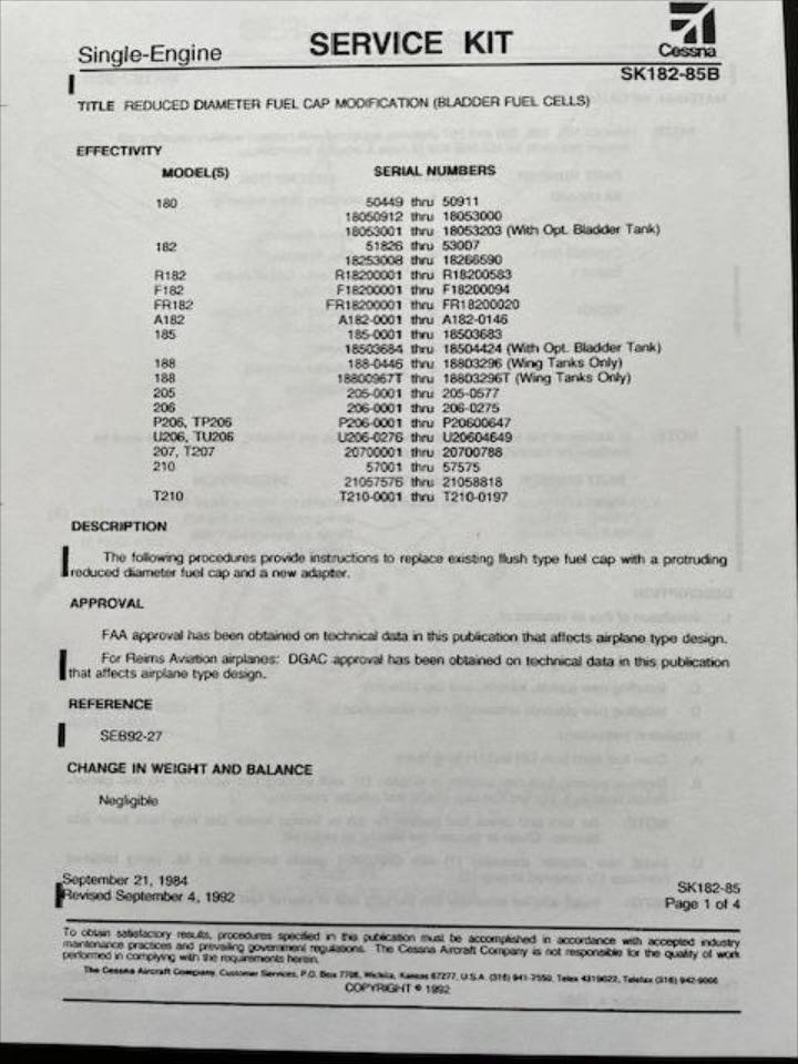 Two Cessna SK182-85B Fuel Filler Adaptor Kits With Raised, Vented, Fuel Caps. NEW.