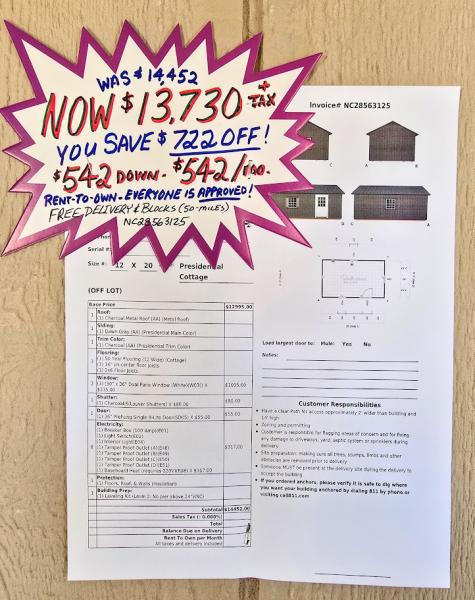 $722 OFF -12x20 INSULATED COTTAGE w/ELECT/HEAT -$13,730 - $542 DOWN & $542/MO - FREE DELIVERY & BLOCKS (50-Miles)