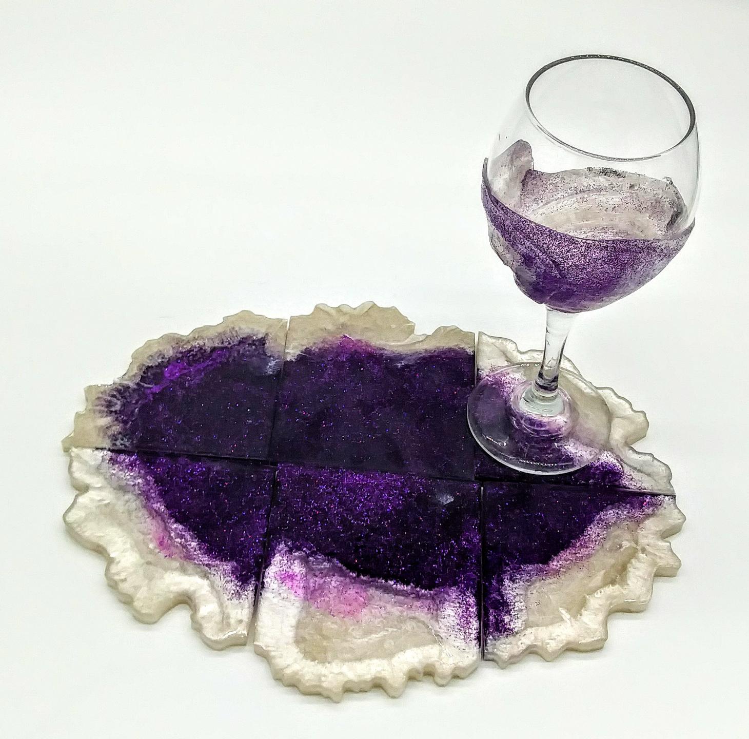 Purple and white glitter coaster set