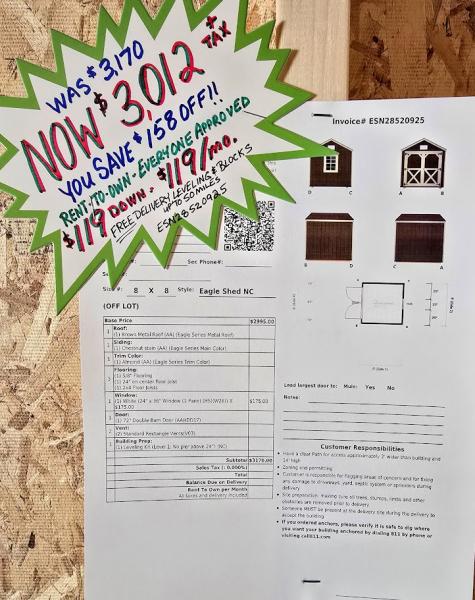 8X8 SHED - $119 DOWN & $119/MO - $158 OFF! - ONLY $3,012 - NO CREDIT CHECK - FREE DELIVERY & BLOCKS (50 miles}