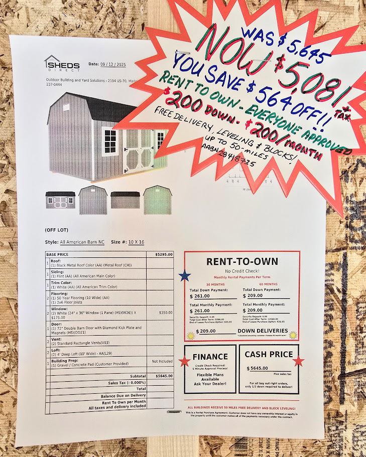 SAVE $564 OFF! - 10x16 LOFTED BARN! -$5,081 OR $200 DOWN & $200/MO -NO CREDIT CHECK - FREE DELIVERY (50 miles)