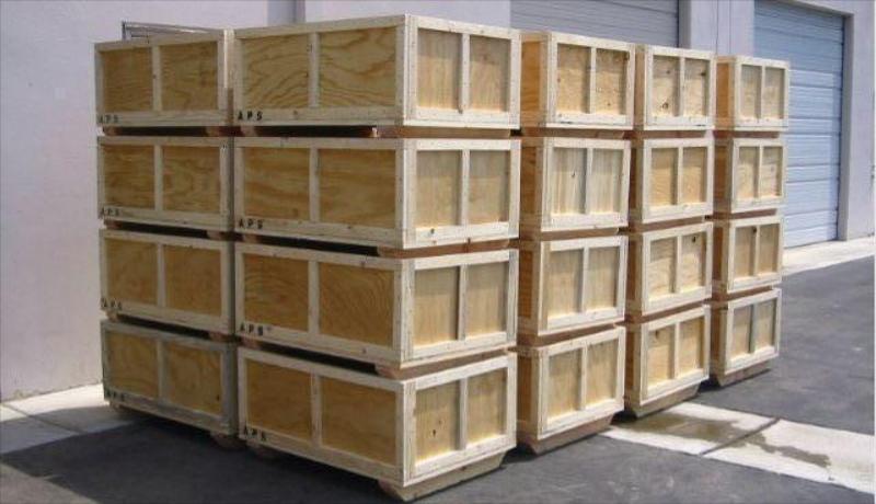 four columns of assembled crates stacked ready for crating services