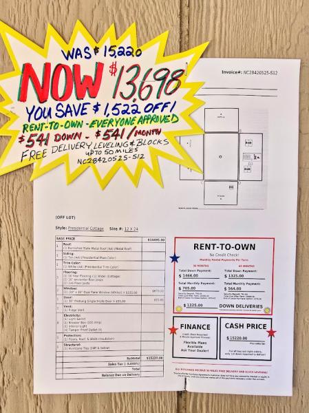 SAVE 10% - $1,522 OFF 12x24 COTTAGE/INSULATED/FINISHED/100 AMP ELECT - $13,698 - $541 DOWN - $541/MO - FREE DELIVERY & BLOCKS! (50-miles)