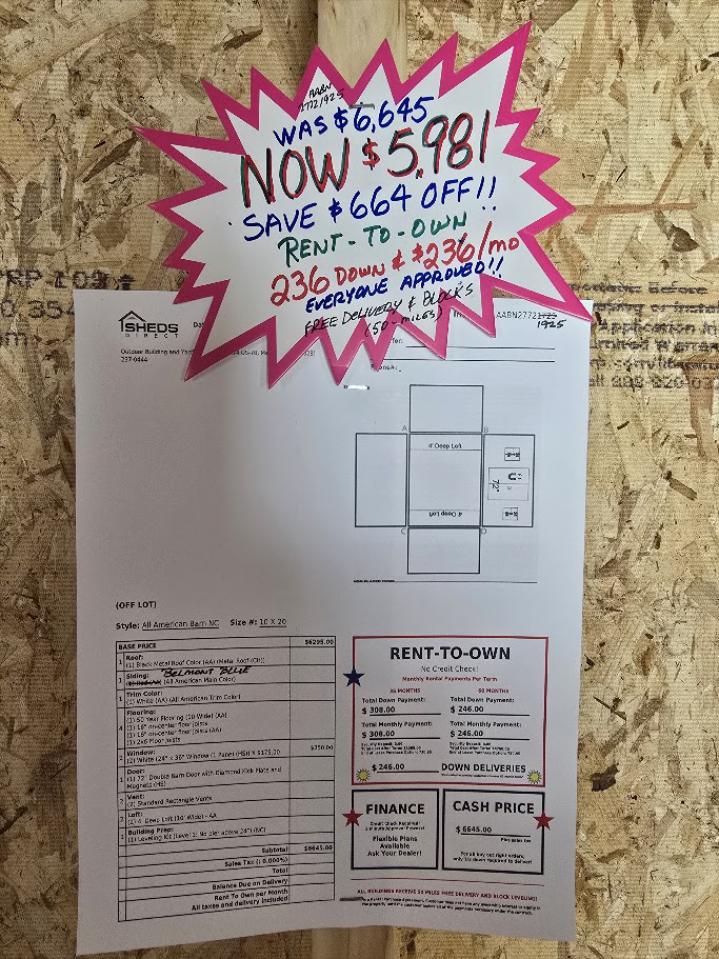 SAVE $664 OFF! - 10x20 LOFTED BARN! -$5,981 OR $236 DOWN & $236/MONTH - NO CREDIT CHECK RTO - EVERYONE APPROVED