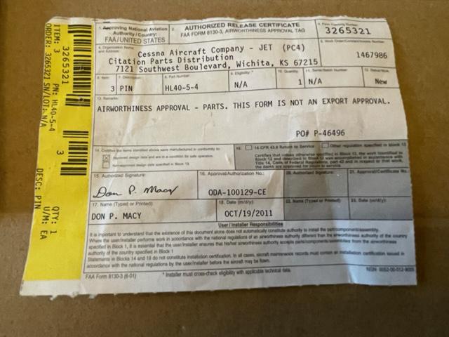 Cessna Citation Hi-Loc Hi-Shear Threaded Rivet Pin. New.