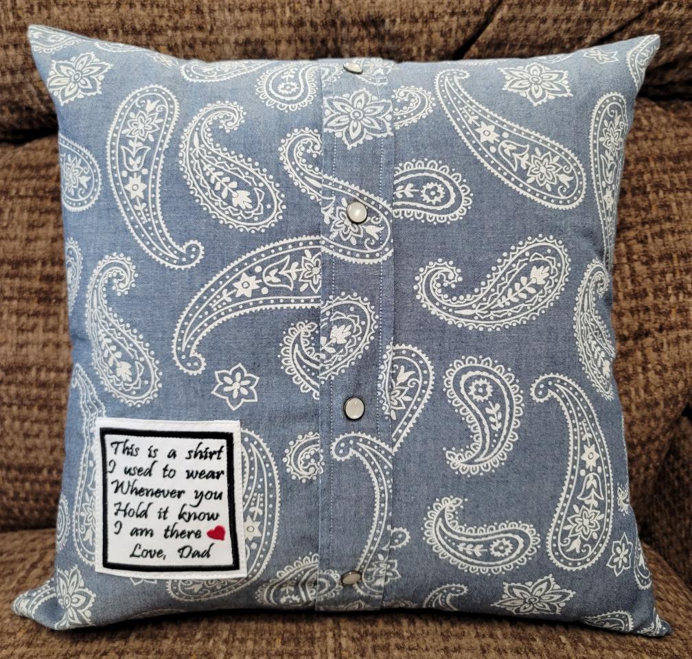 Memory pillow made from Loved Ones Shirts.