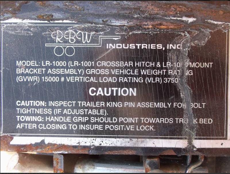 RBW 15000 lb 5th wheel hitch - Lot # J1375