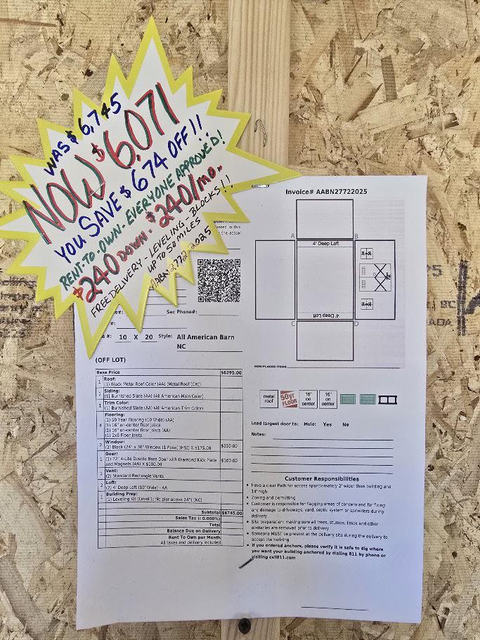 SAVE $674 - 10x20 BARN - $6,071 OR $240 DOWN - $240/MO - NO CREDIT CHECK - FREE DELIVERY & BLOCKS (50 mi)