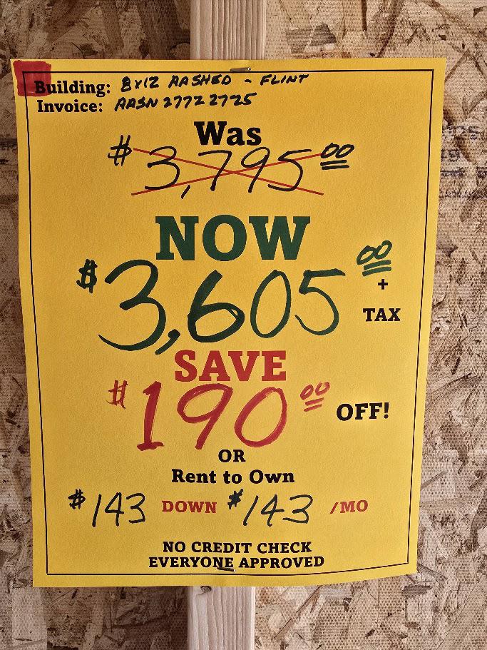 SAVE $190 OFF! 8x12 SHED - $3,605 or $143 DOWN - $143/Mo - NO CREDIT CHECK