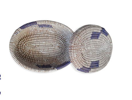 Versatile Oval Lidded Purple and White Senegalese Hand woven Basket, storage.
