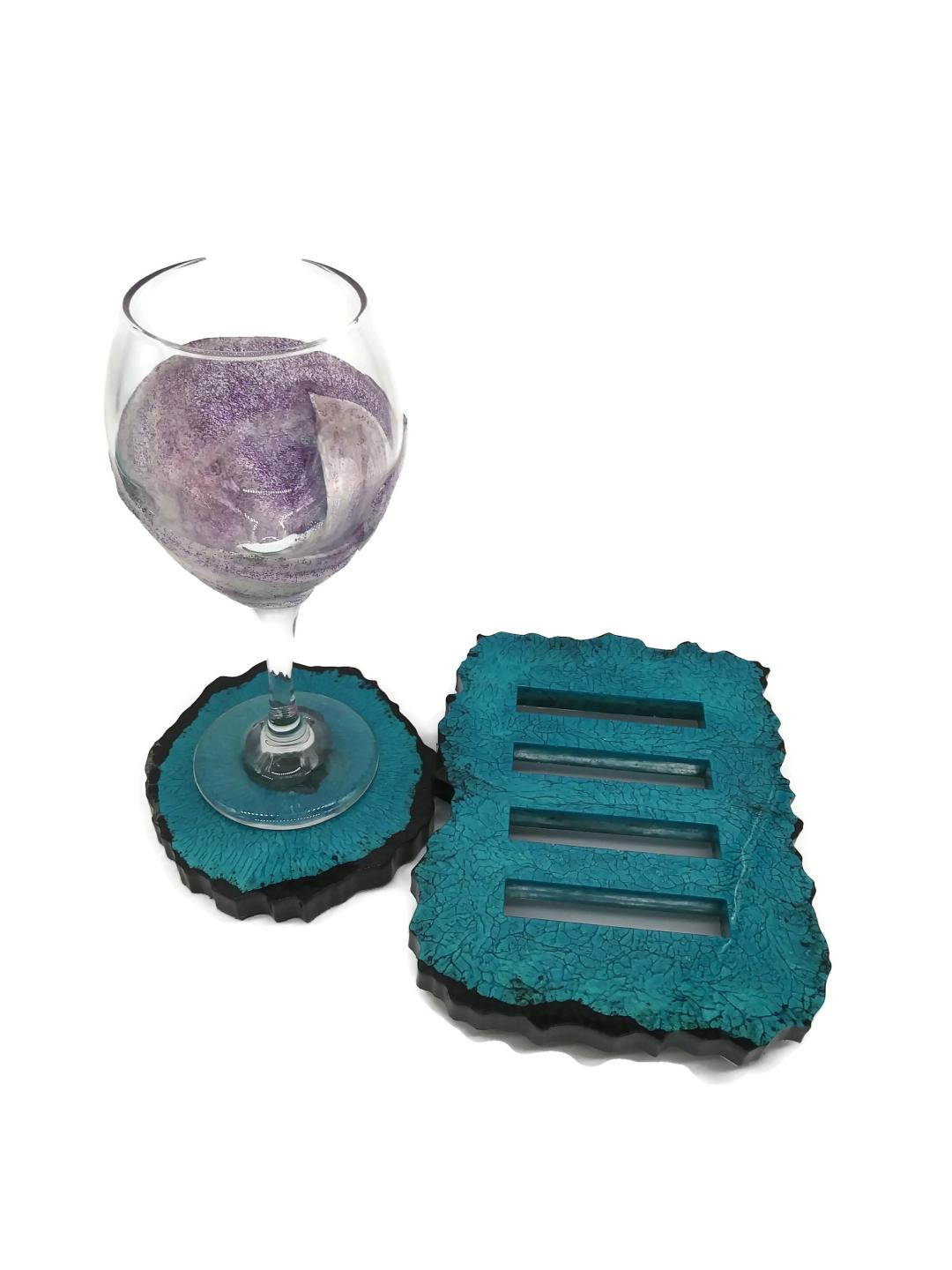 Geo Blue and Blach coaster set with holder
