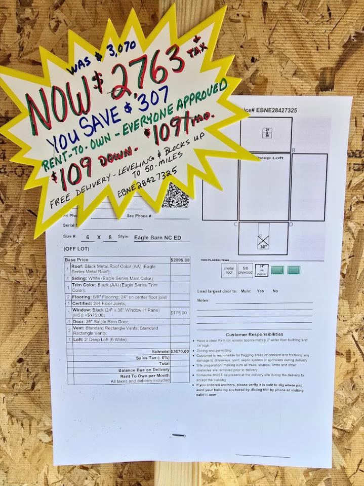 $307 OFF! - $109 DOWN & $109/MO - NO CREDIT CHECK - 6x8 BARN - $2,763 - FREE DELIVERY & BLOCKS (50 miles)