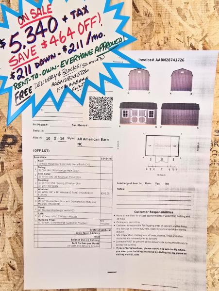 🔥SAVE $464 - 10x16 BARN  -$5,340 - $211 DOWN & $211/MO - NO CREDIT CHECK - FREE DELIVERY & BLOCKS (50 miles)
