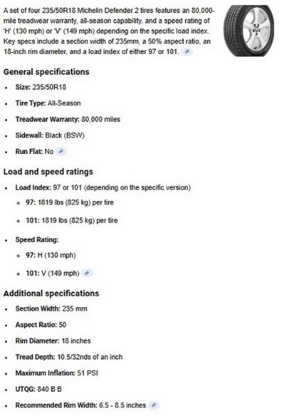 235/50R18 Michelin Defender 2 Tires Set of 4