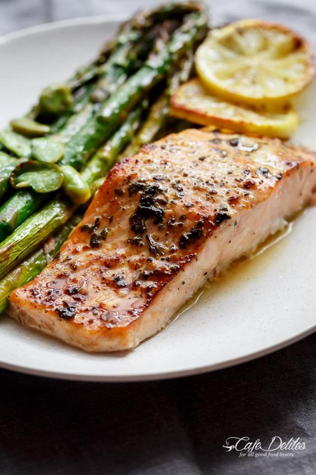 One Pan Lemon Garlic Baked Salmon + Asparagus