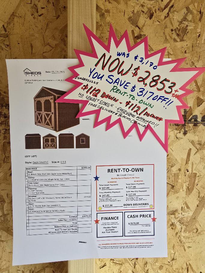 $317 OFF! - $112 DOWN & $112/MO - 8x8 SHED - NO CREDIT CHECK - $2,853 - FREE DELIVERY & BLOCKS (50 miles)