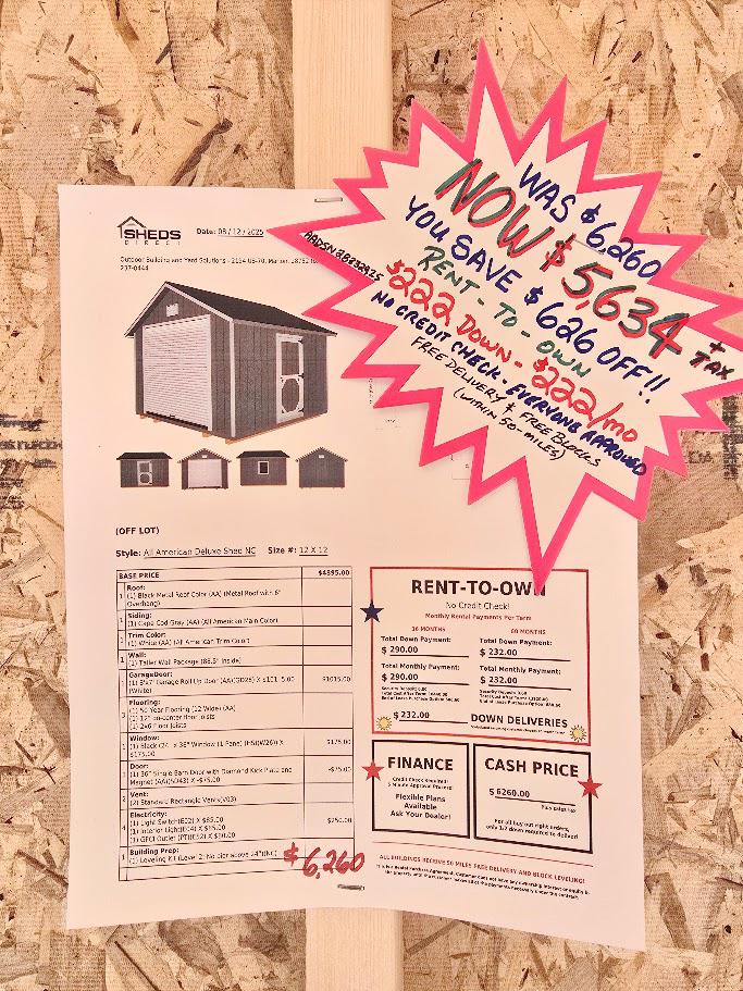 12X12 GARAGE W/ELECTRICAL $626 OFF - $222 DOWN/$222/Mo RENT TO OWN OR $5,634+tax - FREE DELIVERY, LEVELING & BLOCKS!