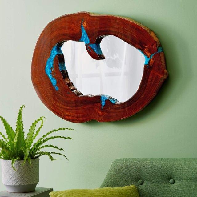 Oak and rainbow blue resin mirror